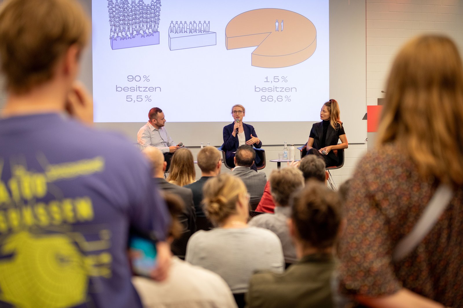 Die Vermögensteuer: machbar, gut und richtig Auf dem Foto ist Ines Schwerdtner mit zwei weiteren Personen auf einer Bühne sitzend zu sehen. Im Vordergrund sieht man verschwommen Menschen, die zur Bühne gewandt sitzen.